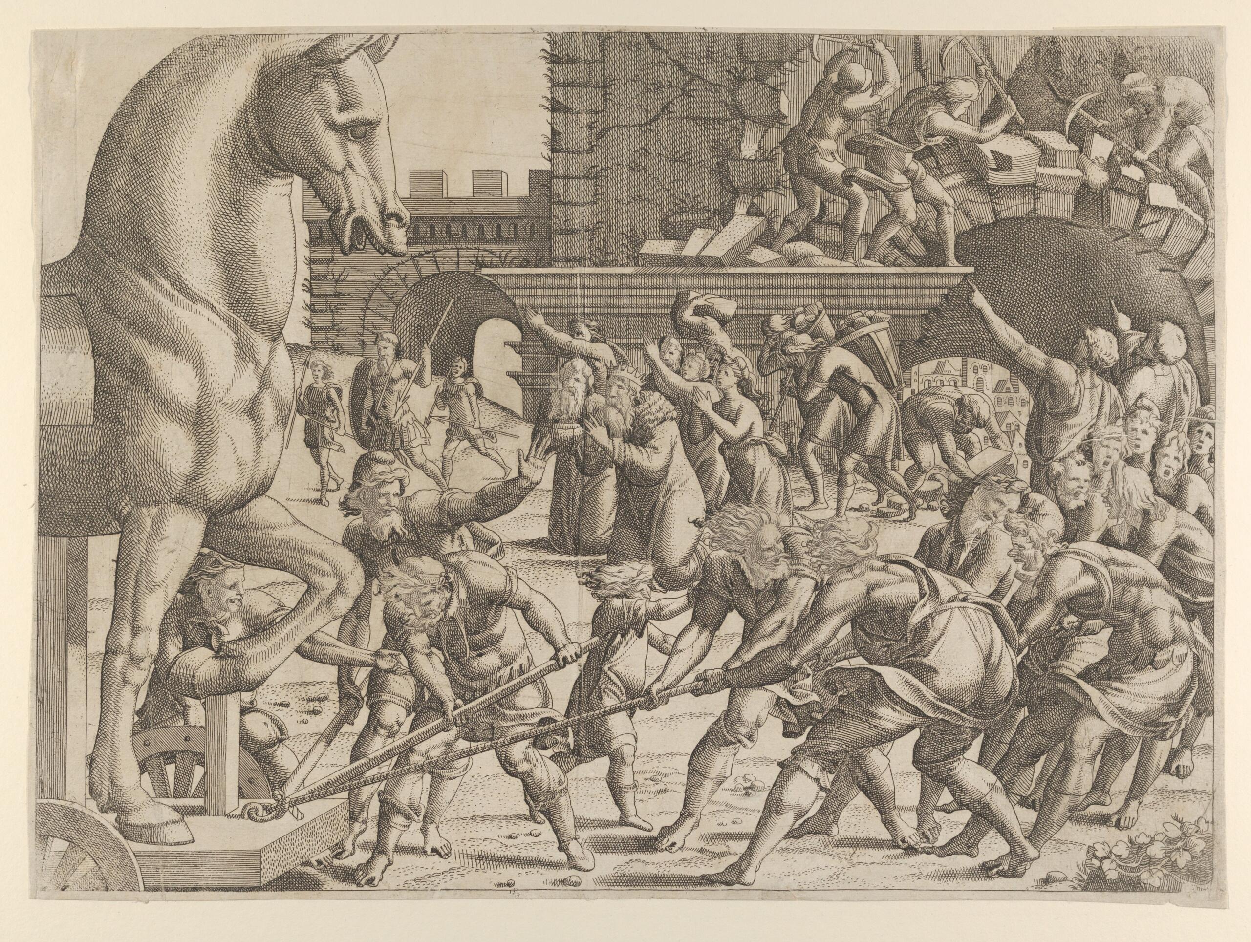 The Trojans Bring the Wooden Horse into Their City, 1535–55French, etching; 12 15/16 x 17 9/16 in.  (32.9 x 44.6 cm)